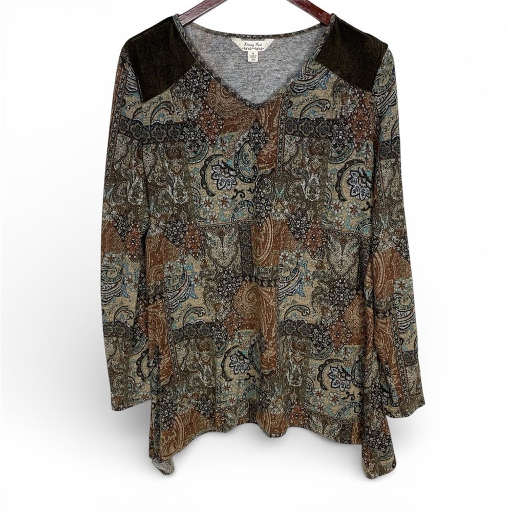 Krazy Kat Multicolor Brown Paisley Print Flowy Knit Tunic Top Size M
